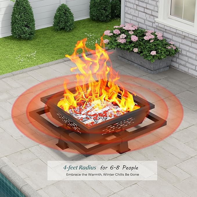 36 inch fire Pit, Square Outdoor Fire Pit with Poker, Wood Burning Fire Pit for Camping, Backyard, Patio