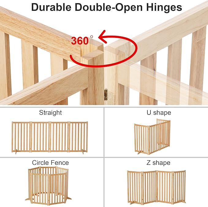 36" Height Extra Tall Freestanding Pet Gate, Solid Wood Folding Safety Fence Wooden Dog Gate with 2 PCs Support Feet Ideal for Stairs, Doorways, Halls, Kitchens, Heavy Duty Gates, 4 Panels, Oak