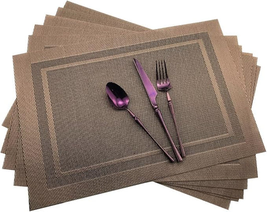 Gugrida Placemats Set of 6 Plaid Checkered Brown PVC Placemat for Dining Table Durable Woven Vinyl Stain tablemats 18"X12"