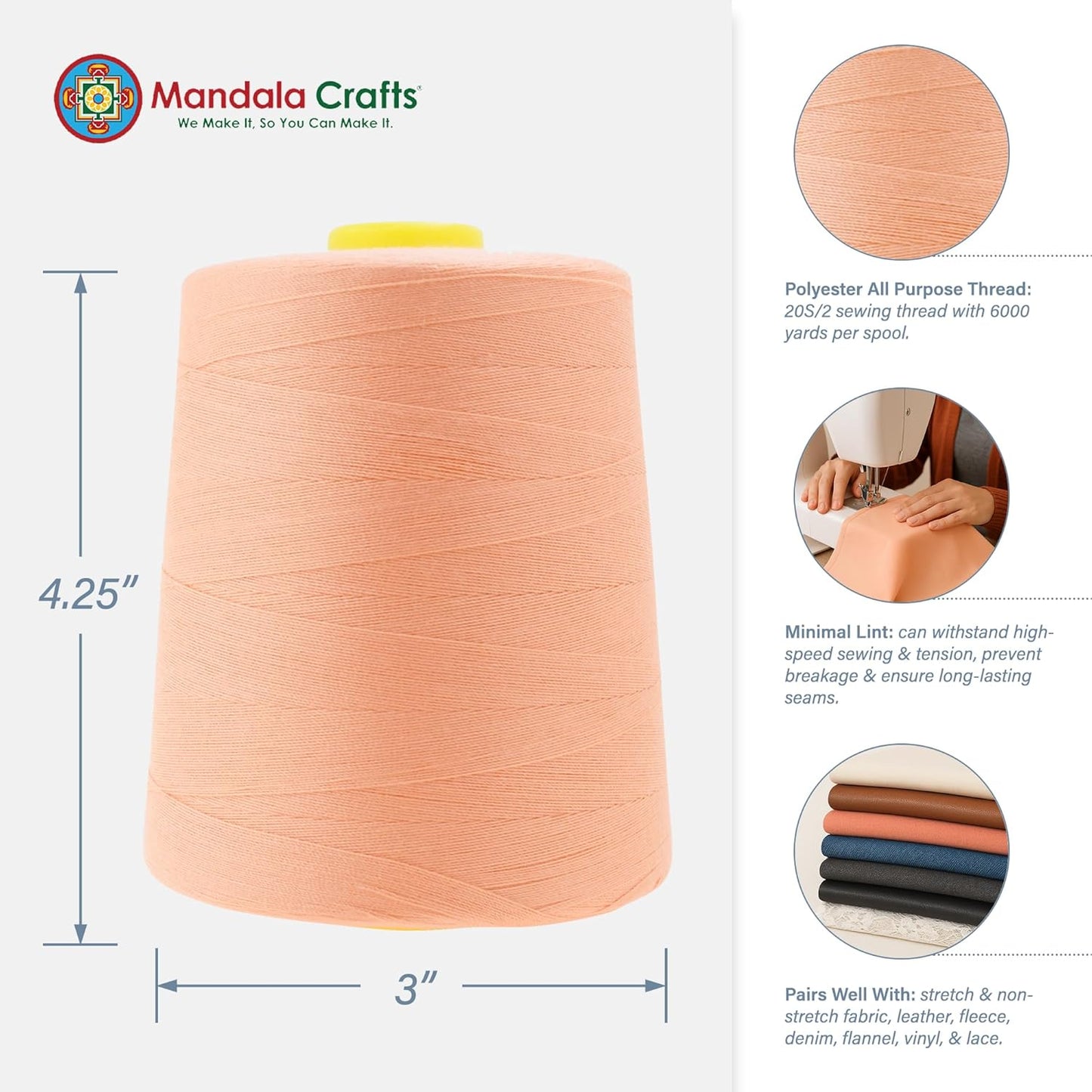 Mandala Crafts 4 Pack of Serger Threads Cones Spools - 20S/2 24000 Yards Polyester Peach Threads for Sergers Machine and Overlock Quilting Sewing Machine
