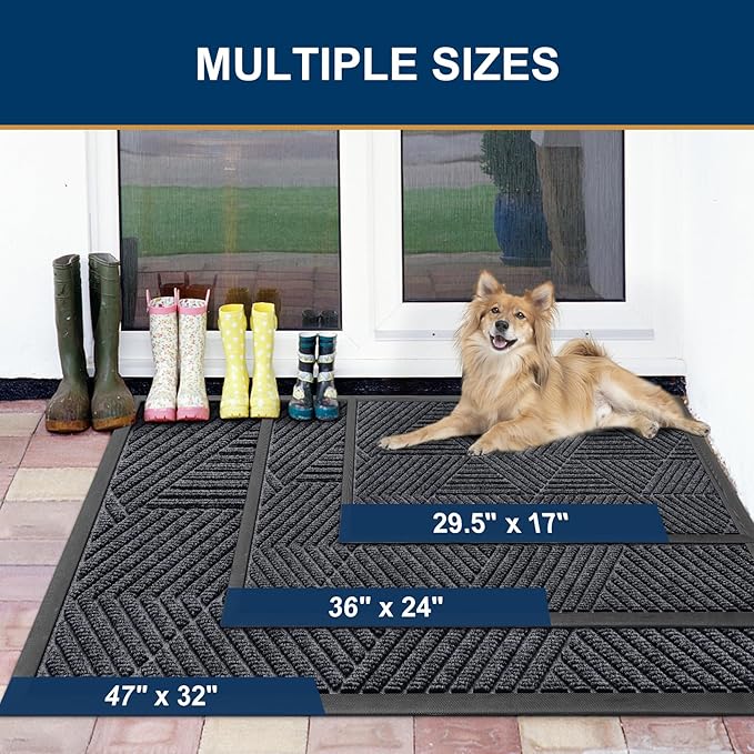 Smiry Front Door Mat Outside Entrance, Heavy Duty Sturdy Natural Rubber Doormat, Trap Dirt and Moisture, Easy Clean Low Profile Mats for Indoor Outdoor Entry, Irregular Triangle (47x32, Silver Grey)