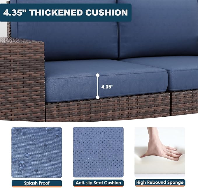5 Piece Patio Furniture Set with Fire Pit Table, Wide Armrest Modular Outdoor Conversation Sets Brown PE Wicker Rattan Sectional Sofa, 4'' Thickened Cushion Navy Blue