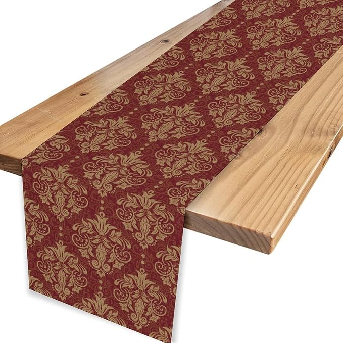 Red Damask Table Runner, Rustic Gothic Baroque Style Floral Boho Flower Antique Coffee Vintage Retro Table Center Decor for Kitchen and Dining Outdoor Home Country Party Table Decorations, 13"x108"