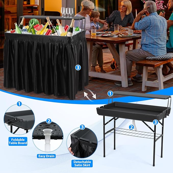 Nice C 4 ft Folding Ice Cooler Table, Party Cooler, Grazing Table, Tables with Drain, Party Tables, with Matching Skirt, Storage Shelf (Black)