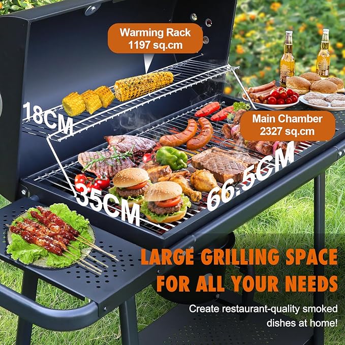 Charcoal BBQ Outdoor Grills: Spacious Barbecue Barrel Grill with Side Tables - Premium Charcoal BBQs for Patio Cooking Backyard Grilling Tailgating Camping Picnic Party