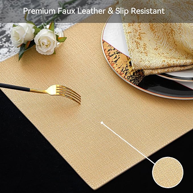 Faux Leather Placemats Set of 6, Heat Resistant Anti-Slip PU Place Mats for Dining Table, Waterproof Washable Wipeable Reversible Table Mats, Gold