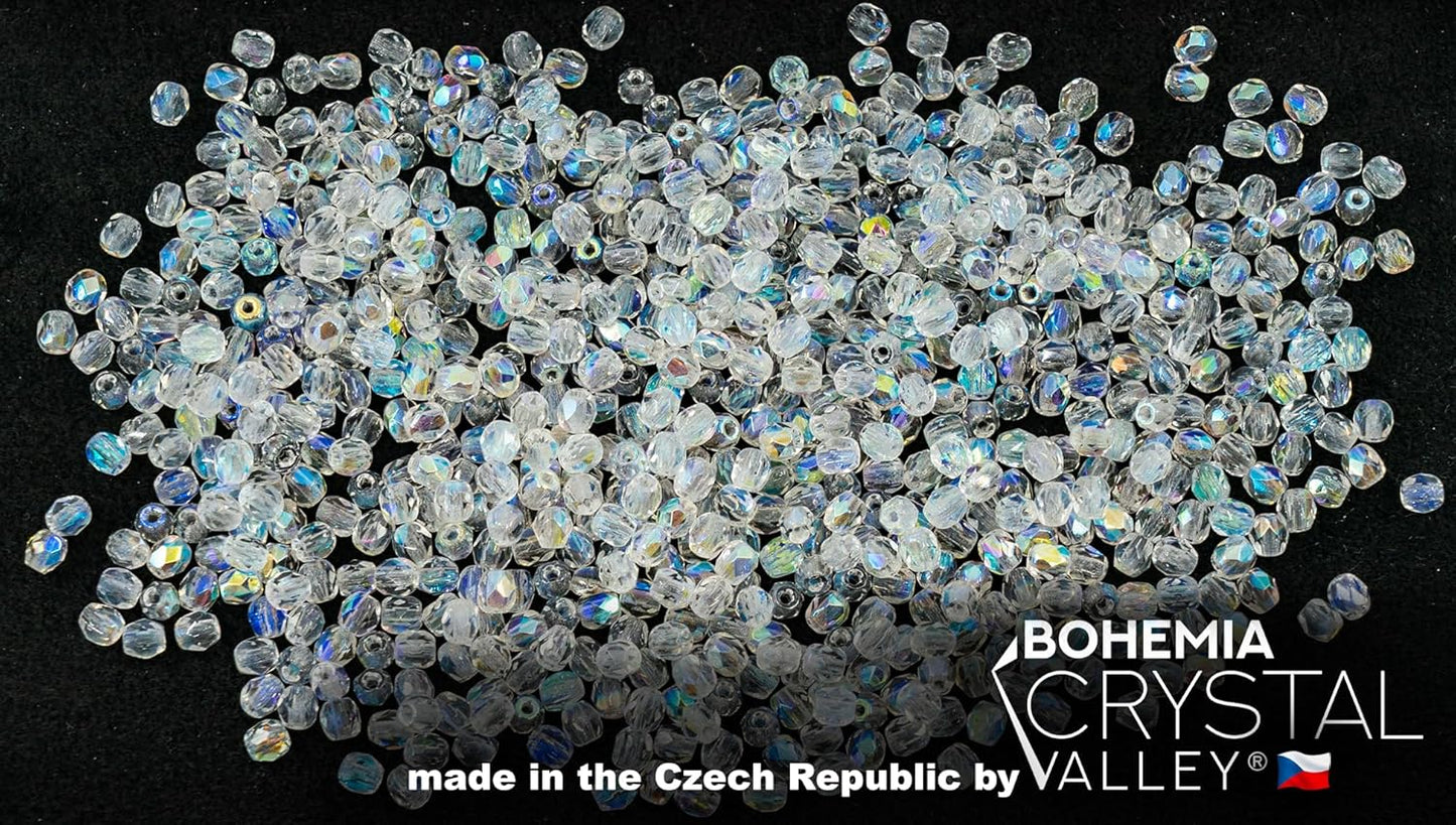 0.88oz (600+ pcs) Faceted Fire Polished Pressed Czech Glass Beads 3mm (0.12in), Crystal AB 00030-28701