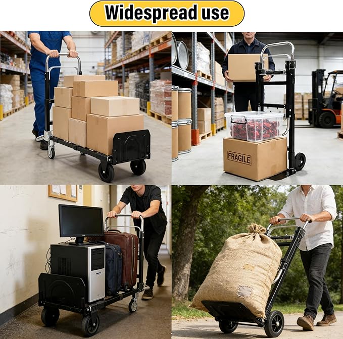 Upgraded 3 in 1 Folding Hand Truck, 600lbs Capacity, Heavy Duty Convertible Dolly with Retractable Handle and 4 Rubber Wheels, Collapsible Cart for Moving Home, Office, Warehouse (Black)