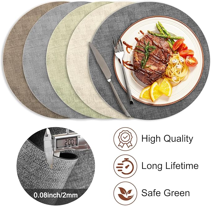 Round Faux Leather Placemats and Coasters, Set of 6, Reversible Heat Resistant Non-Slip Table Mats, Waterproof Wipeable Place Mats for Dining Table, Washable for Indoor & Outdoor (6, Dark Grey)