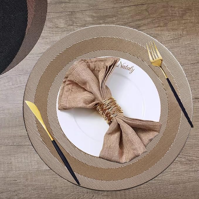 PIGCHCY Round Placemat Set of 8 Vinyl Washable Kitchen 15 inch Table Placemats for Wedding Holiday Party (8pcs Round, Champagne)