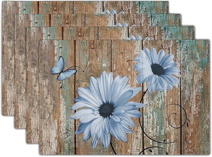Giwawa Rustic Daisy Placemats Set of 4- Blue Sunflowers on Vintage Wood Board Linen Place Mat- Farmhouse Wooden Washable Heat Resistant Table Mats for Kitchen Dining Cabin Lodge Decor