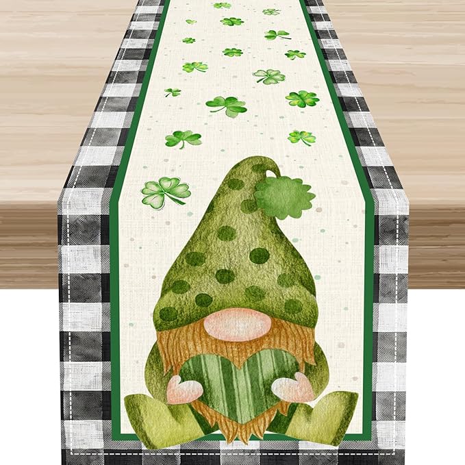 St.Patrick's Day Table Runner,Vintage Black White Plaid Green Polka Dot Gnome Shamrock Seasonal Spring Table Center Decor for Home Kitchen Dining Patio Party Indoor Decorations, 13"x36"
