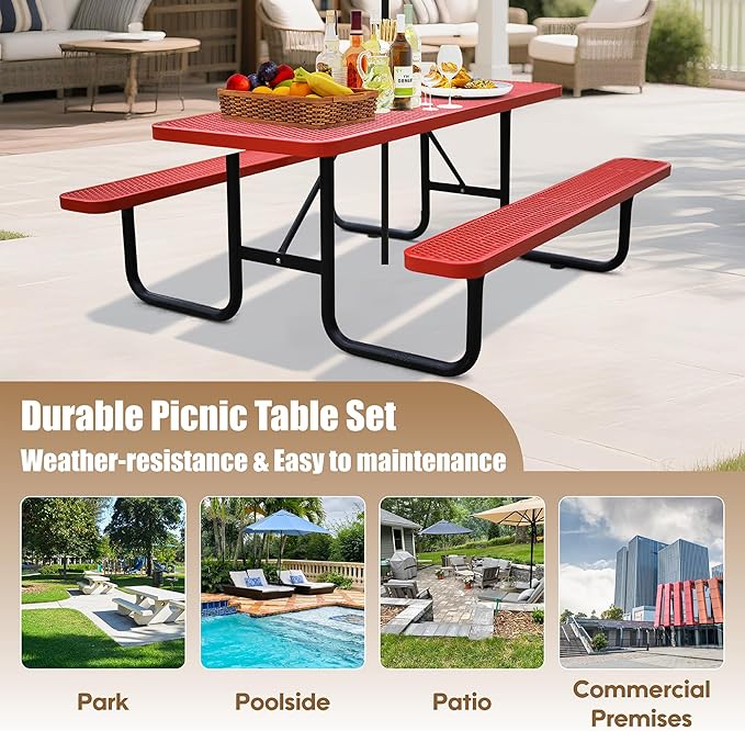 4FT Rectangular Metal Picnic Table for Outdoors, Commercial Steel Metal Picnic Tables, Heavy Duty Sturdy Picnic Tables Furniture Set for Patio Garden Courtyard BBQ, with Umbrella Hole, Red
