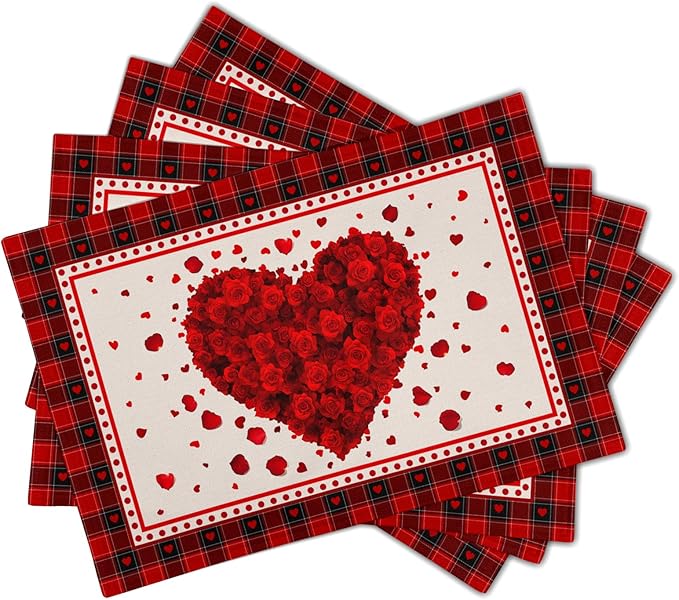 Giwawa 4PCs Valentines Day Placemats 12x18 Inch Love Hearts Rose Flower Place Mat Red Black Buffalo Plaids Non Slip Heat Resistant Table Mats for Kitchen Dining Holiday Wedding Anniversary Decor