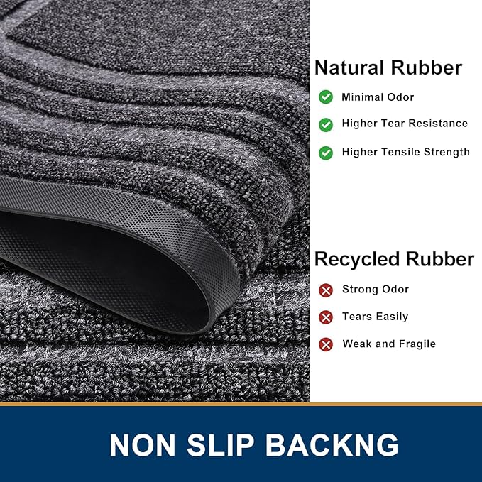 Buganda Front Door Mat Indoor Outdoor Entrance, Non-Slip Natural Rubber Doormats, Easy Clean, Low Profile, Dirt Trapper Entryway Floor Mats for Outside, Garages and Patios, 47x32, Silver Grey