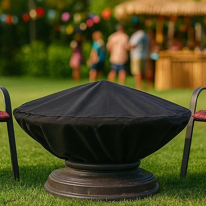 Sunnydaze Round Outdoor Fire Pit Cover - Heavy-Duty 300D Polyester and PVC with Drawstring Closure - Black - 36-Inch