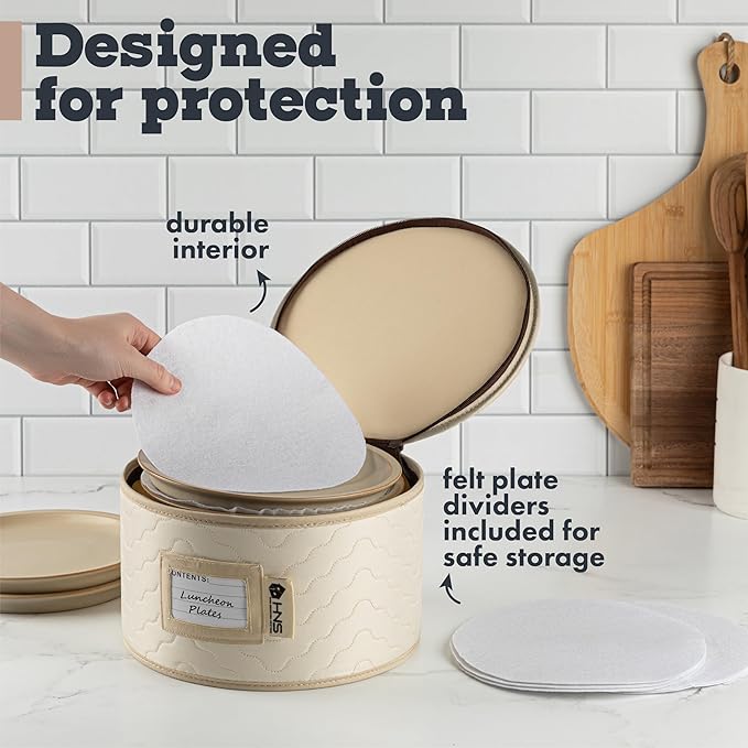 China Storage Hard Shell Containers 5-Piece Set Moving Boxes for Dinnerware, Glasses, Plates, Mugs and Saucers Sturdy Dish Organizer with Dividers for Seasonal Storage - Service for 12 - Beige Quilted