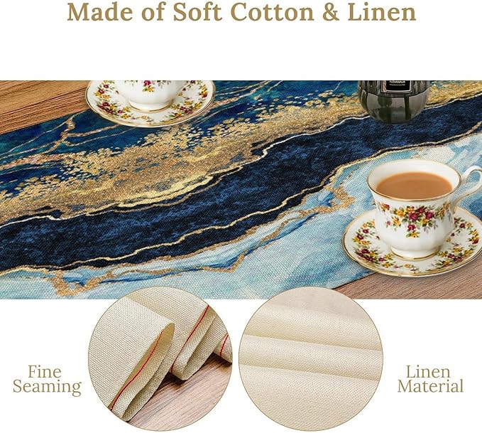 Marble Table Runner, Blue Texture Abstract Art Print Table Runner for Indoor Home Living Room Party Dining Kitchen 13x108in