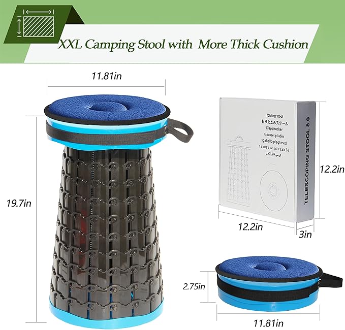 ALEVMOOM Upgraded XXL Collapsible Stool with Cushion 19.7",1000lbs Max Weight,Wider & Taller Pop Up Seat, Heavy Duty Portable Retractable Folding Chair or Travel Foot Rest for Camping & Outdoors