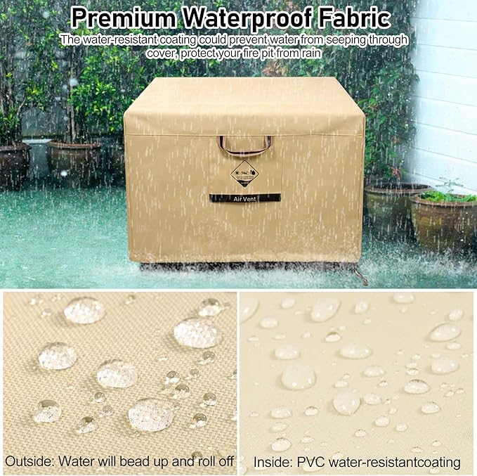 738N Max Tension, Gas Fire Pit Cover Square, Fits for 29/30/31/32 Inch, 600D Upgraded Extra Dense Heavy Duty Fabric, Waterproof, Tear Resistant, Outdoor Fire Table Cover, 32''L x 32''W x 24''H -Beige