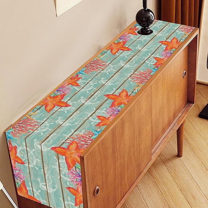Blue Starfish Table Runner,Nautical Beach Wooden Ocean Table Runner Seasonal Holiday Home Kitchen Dining Table for Home Party Decor 13"x72"