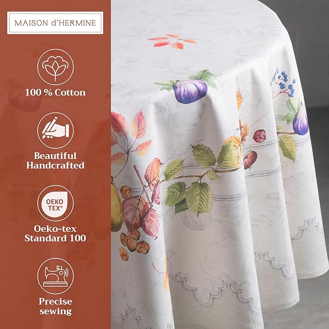 Maison d' Hermine Table Cloth Round Table 100% Cotton 63 Inches Fall Tablecloth Reusable Everyday Use for Thanksgiving Christmas Decorations Dining Farmhouse Party (Fruit D'Hiver)