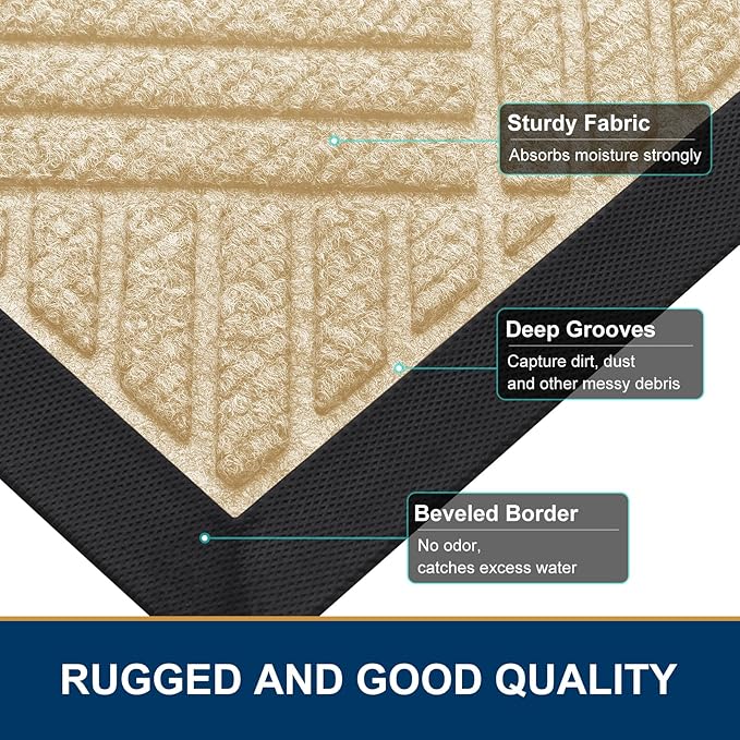 Smiry Front Door Mat Outside Entrance, Heavy Duty Outdoor Indoor Natural Rubber Doormat, Non Slip, Trap Dirt and Moisture, Easy Clean, Low Profile Patio Porch Entryway Mat, 47x32, Beige
