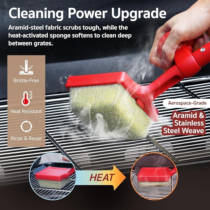 GASPRO Steam Grill Brush Bristle Free for Outdoor Grill, BBQ Grill Cleaning Brush with Replaceable Scrub Sponge Head & Scraper, Ergonomic Handle, Safe for Stainless Steel, Cast Iron & Porcelain Grate