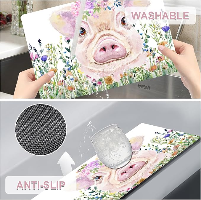 Flower Pig Placemats Set of 4 - Faux Leather Heat Resistant Placemats for Dinner Table, Non-Slip Waterproof Oil-Proof Washable Reusable Placemat for Indoor Outdoor Kitchen Decor, 15.75In*11.81In