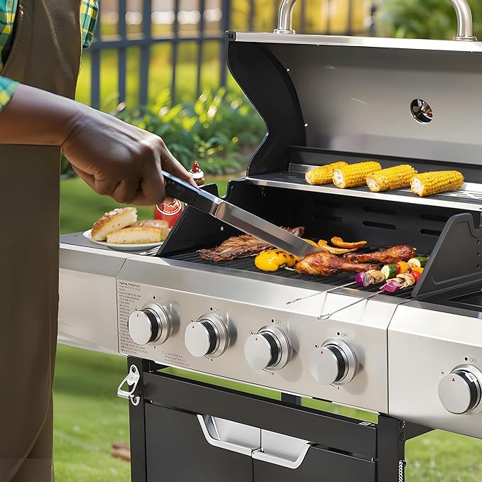 Zateety 4 Burner Propane Grill - 42,000 BTU Gas Grill with Side Burner, Stainless Steel with Iron Cast Grates for Outdoor Cooking, Patio, Camping BBQ, Garden Barbecue Grill, Black and Silver