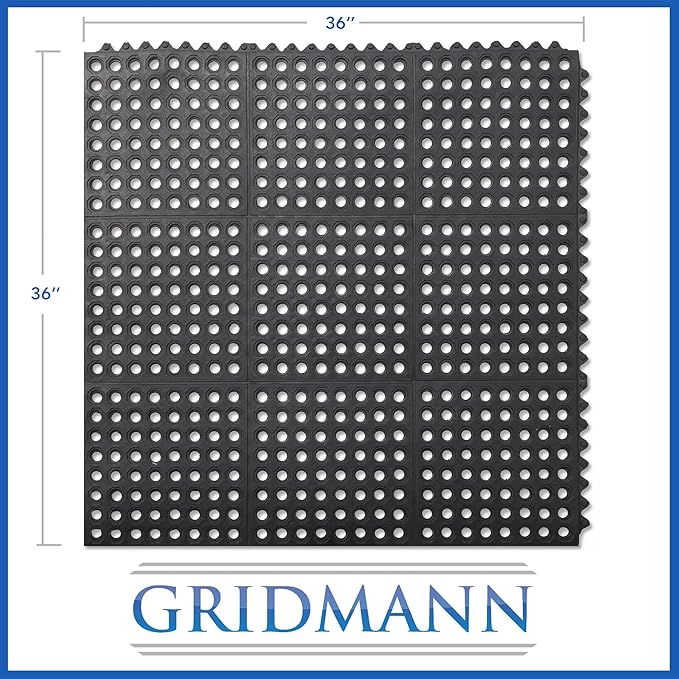 GRIDMANN Rubber Interlocking Floor Mat, 36" x 36" Non-Slip Anti-Fatigue Drainage Mat for Restaurants, Commercial Kitchens, Bar Floors, Black