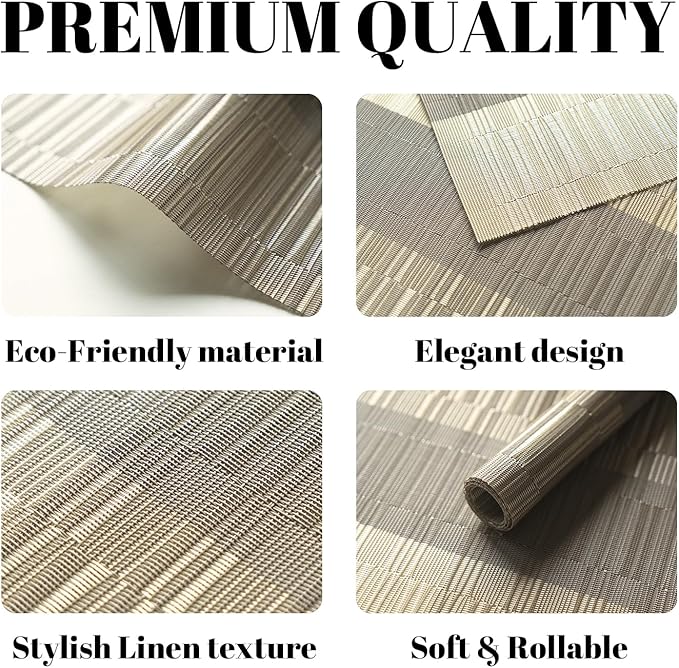 Placemats Set of 6 Vinyl/Plastic Woven Place Mats for Kitchen Table Indoor/Outdoor Washable Placemat Wipeable Dining Table Mats (Ombre Glod,6)