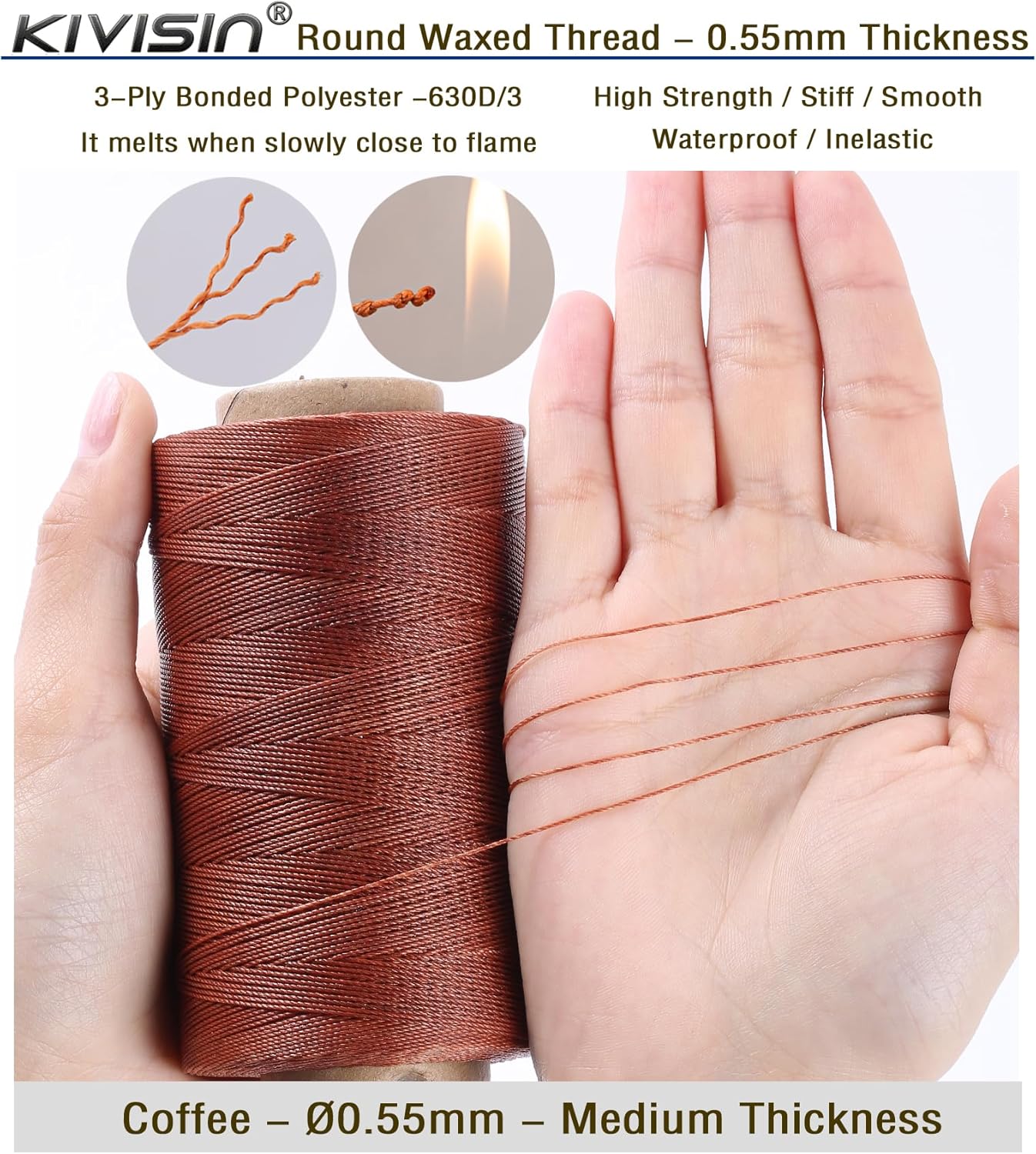 Sturdy Bonded Waxed Polyester Thread, 0.55mm, 437 Yards Wax String Cord - Coffee for Leather, Hand Sewing, Stitching, Beading, Bookbinding, Bracelets and Macrame Jewelry Making