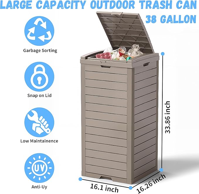 38 Gallon Outdoor Trash Can with Lid, Waterproof Resin Outdoor Trash Can Bottom with Pull-Out Liquid Drawer, Dual Lid Closure Garbage Can for Kitchen, Hideaway, Deck, Patio(Deep Grey)