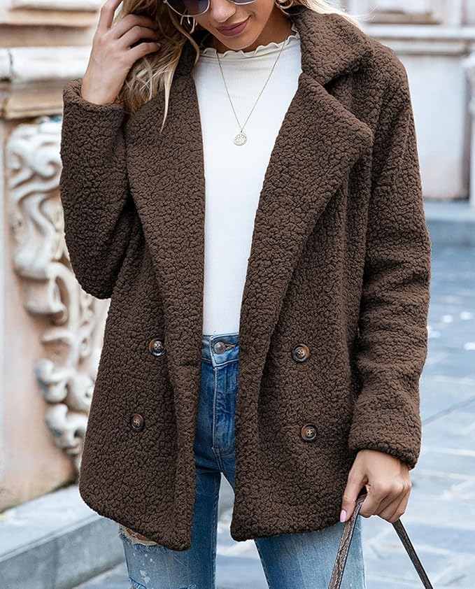 Women's Winter Warm Plush Cardigan Fuzzy Fleece Lapel Jacket with Buttons Pockets Long Sleeve Casual Outerwear