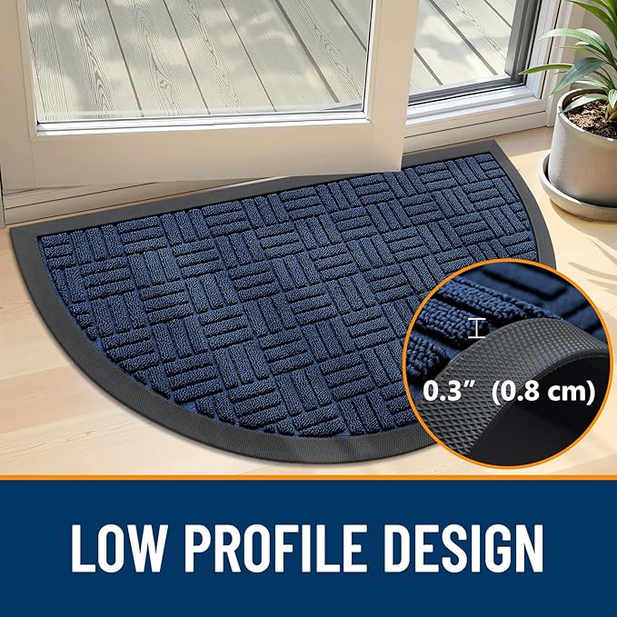 OLANLY Half Circle Door Mat Outside Entrance 29.5x17, Absorbent, Heavy Duty Sturdy Natural Rubber Doormat Indoor Outdoor, Fade Resistant, Non-Slip Backing Low Profile Floor Mat for Entryway, Navy Blue