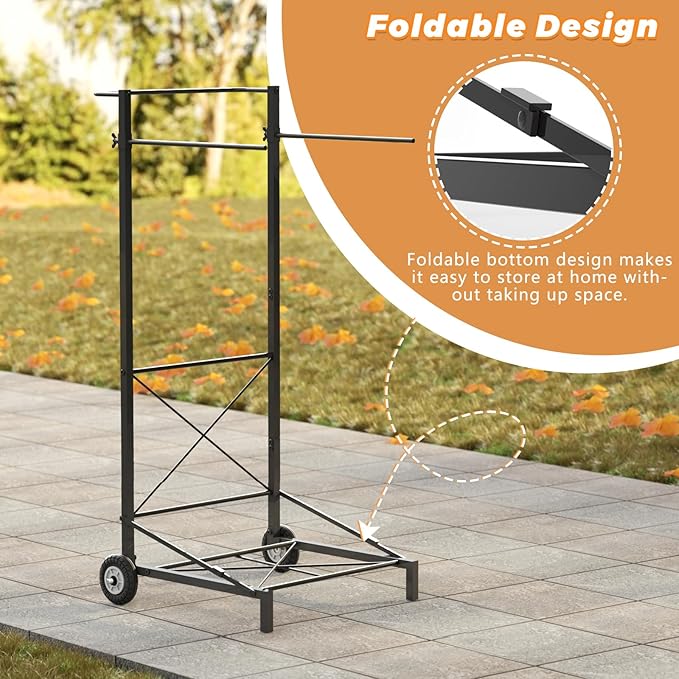Natheeph Trash Bag Holder - Heavy Duty Metal Outdoor Leaf Bag Holder with Wheel, Adjustable Yard Waste Bag Cart Fits 30-55 Gallon Garbage Bags, Foldable Garden Leaf Bags Stand for Yard Work