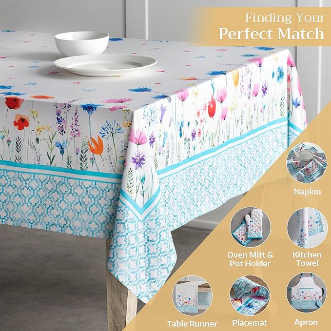 Maison d' Hermine Table Cloth Square Table 100% Cotton 54 x 54 Inches Tablecloth Reusable Decorative for Dining Room, Farmhouse, Home, Party, Festive & Wedding Spring Summer - Flower in The Field