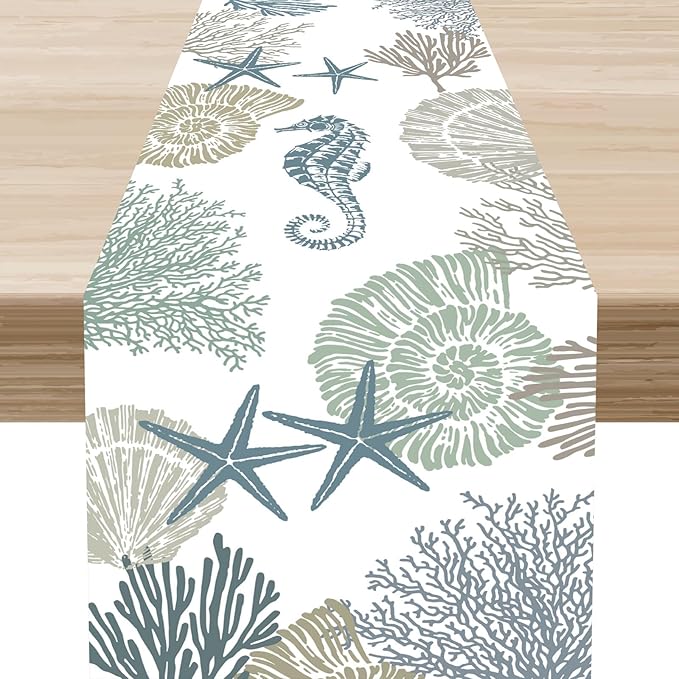 Coastal Table Runner, Summer Beach Starfish Seahorse Seashells Blue Coral Nautical Tropical Ocean Farmhouse Table Center Decor for Home Kitchen Dining Patio Indoor Outdoor Decorations, 13"x90" Inch