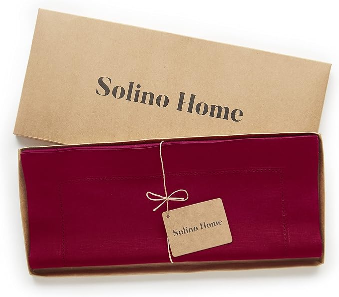 Solino Home Red Table Runner 36 Inches - Cotton Linen Hemstitch Coffee Table Runner 14 x 36 Inch Ideal for Dresser Tables - Winter, Valentines