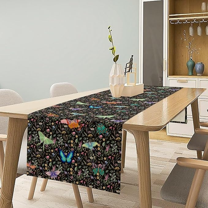 Boho Wildflower Moth Table Runner,Bohemian Floral Colorful Butterfly Print Table Runner for Kitchen Dining Table Holiday Indoor Outdoor Home Party Decor 13x60in