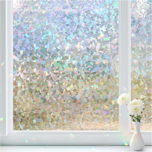 Haton Window Privacy Film, Rainbow Stained Glass Window Clings, 3D Decorative UV Sun Blocking Sticker, Removable Static Cling Heat Control Tint for Home Door, 35.4" x 157.4" Non-Adhesive
