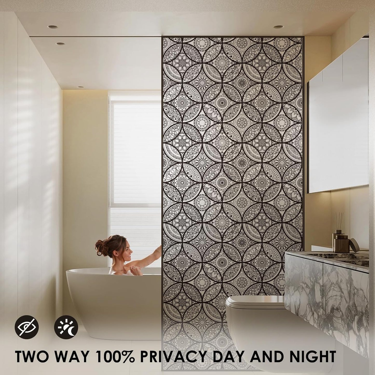 DKTIE Boho Stained Glass Look Window Privacy Film with Installation Tools, Decorative Frosted Glass Window Film Static Cling No Glue Removable, Pure Black, 35.4" x 118.1"