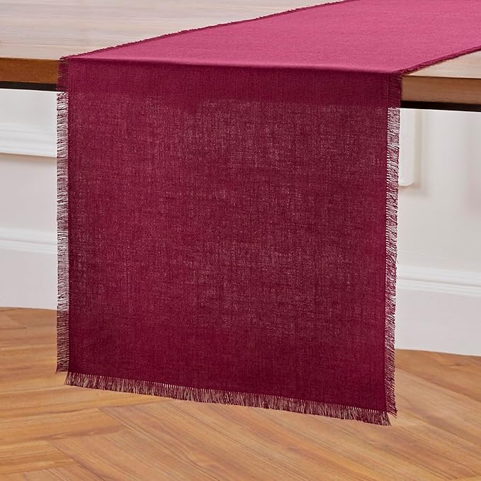 Solino Home Fringe Linen Table Runner 90 Inches Long - 100% Pure Linen Beet Dining Table Runner 14 x 90 Inch for Valentines, Winter