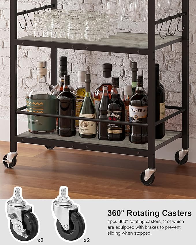 TUTOTAK Bar Cart - Serving Cart for Home - Microwave Cart, Drink Cart, Mobile Kitchen Shelf with Wine Rack and Glass Holder, Rolling Beverage Cart BC01BG030