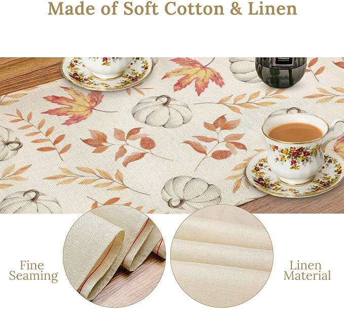 Autumn Pumpkin Table Runner, Watercolor Fall Maple Leaves Pumpkins Harvest Thanksgiving Table Runner for Holiday Dining Room Kitchen Table Party Decor, 13x120inch