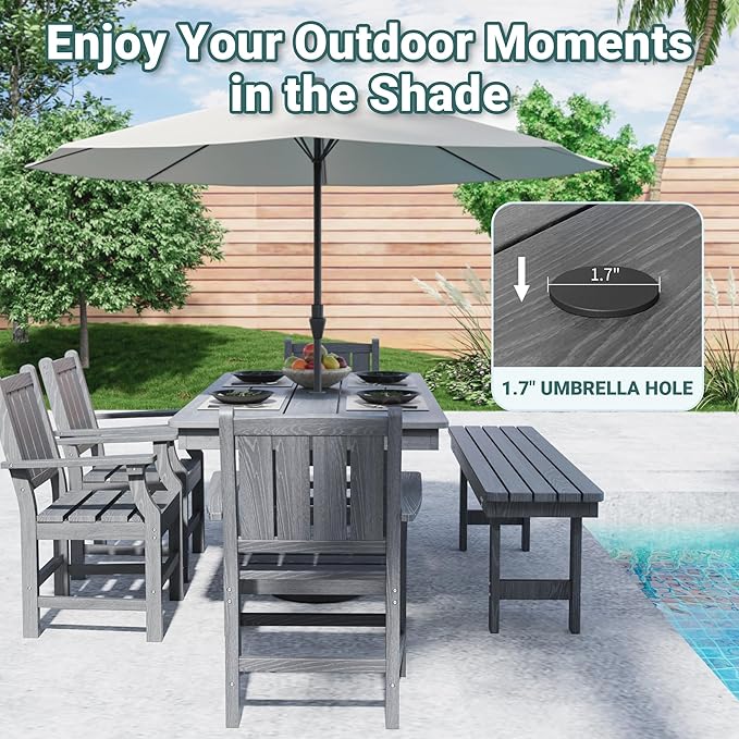 Pamapic 6 PCS Outdoor Dining Set, Spacious HDPE Outdoor Table with 4 Chairs and 1 Bench, Wood Grain Patio Furniture Sets with Elegant Armrest, All-Weather Patio Dining Table with Umbrella Hole, Gray