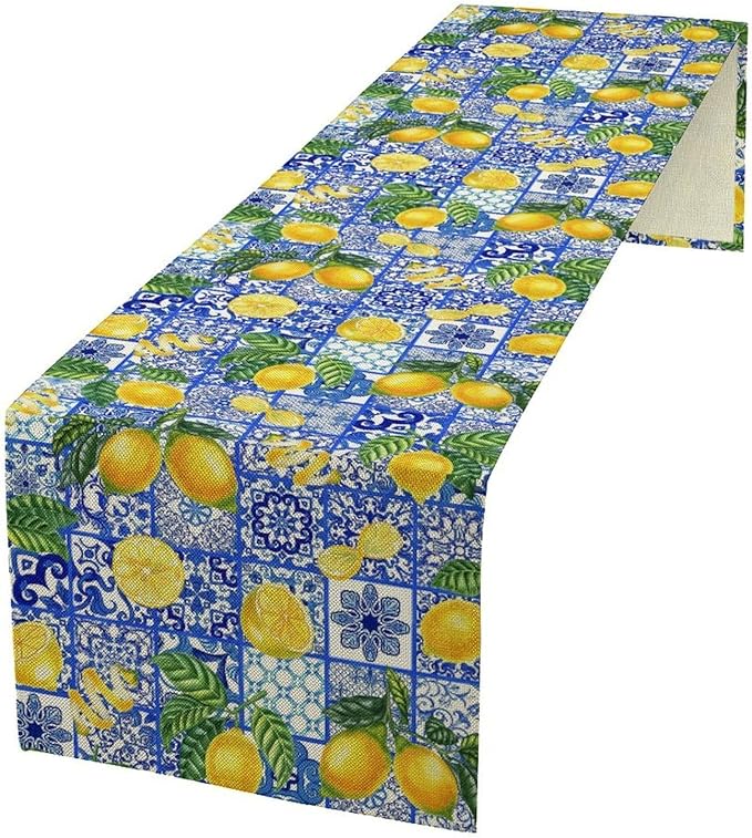 Tiles Lemon Table Runner Blue White Yellow Vintage Rustic Summer Fruit Chic Farmhouse Dining Table Decoration for Home Holiday Party Dresser Kitchen Cabin Restaurant Wedding Decor 13×60in
