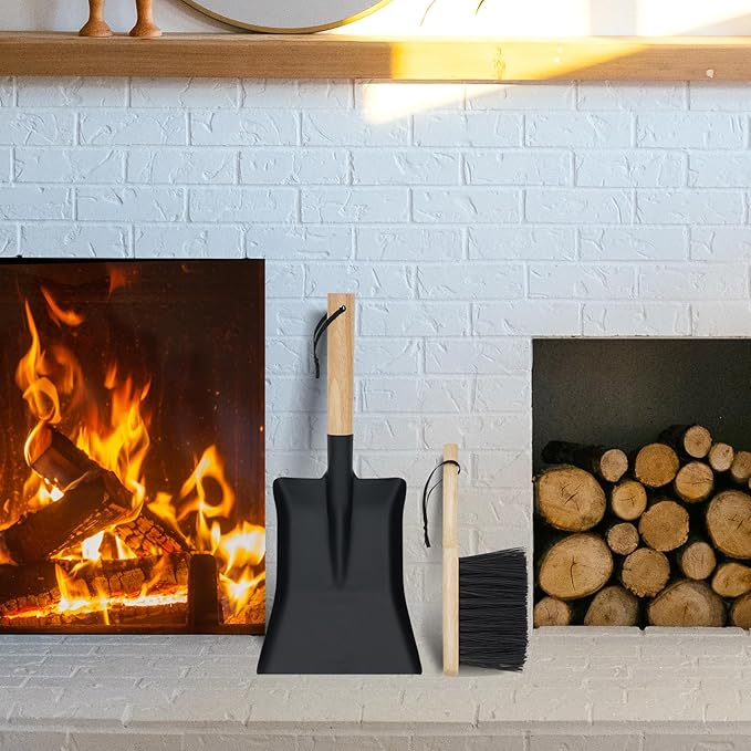 Fireplace Shovel & Brush Set, Large Ash Shovel and Hearth Brush with Wooden Handle, Fireplace Tools Set, Metal Brush Pan Set, Fireplace Tools, Firepit Tools, Fire Pit Accessories for Outside