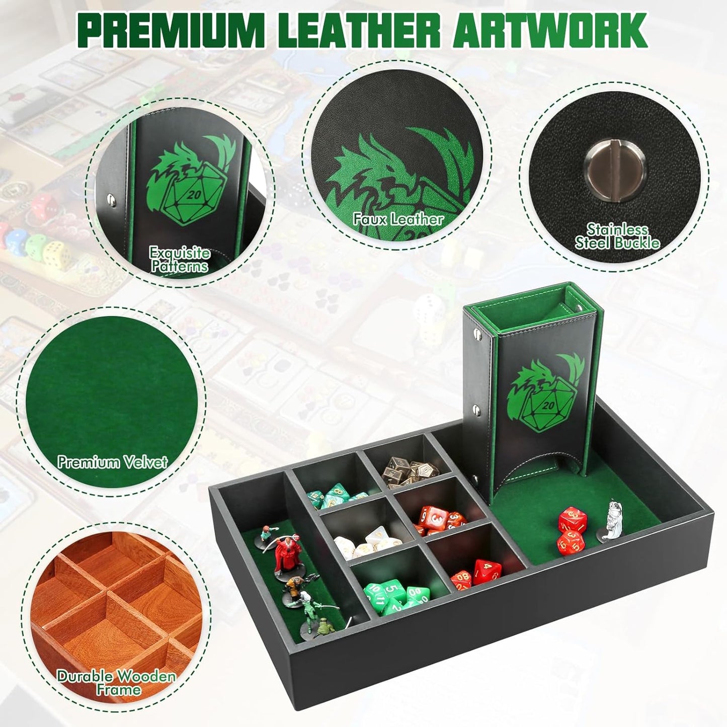 DND Dice Tray & Tower Storage Box, 4 in 1 D&D Dice Holder Case (Dice Rolling Tray, Dice Roller Tower, Dice & Miniature Storage), Great RPG Accessories Gifts for Dungeons and Dragons MTG DM & Player